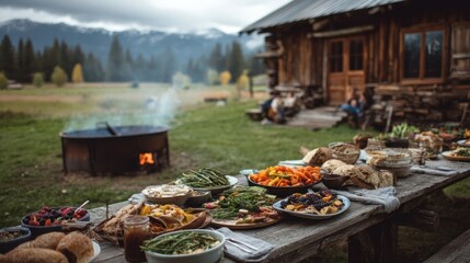 A rustic outdoor feast on a wooden table, set amidst a log cabin, nature, and mountains