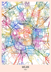 Obraz premium Milan Italy Map. city background, abstract city printable, city travel, city banner, modern city, city background, abstract watercolor, abstract paint, urban background