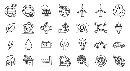 Illustration set of ecology and green energy icons contains icons as earth, solar panel, wind turbine, recycle, leaf, water drop, battery, tree, light bulb, car, factory, house and more