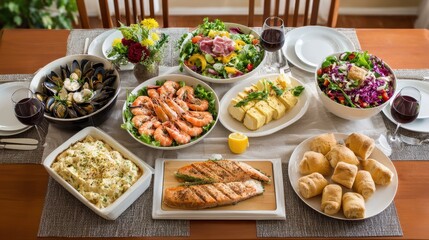 A beautifully arranged dining table featuring a variety of seafood, salads, and side dishes, perfect for a festive meal.