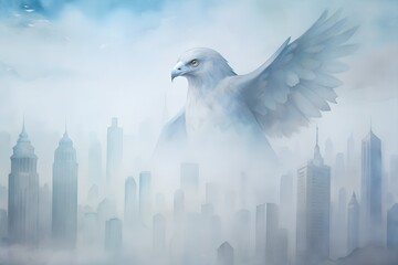 White eagle soaring above a foggy city skyline at dawn