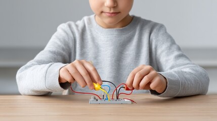A child interacts with colorful wires and connectors, engaging in a hands-on learning activity, demonstrating curiosity and creativity in a creative environment.