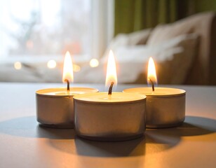 Three tea light candles with warm, inviting glow, casting soft shadows on a light surface, with a blurred background of a cozy bedroom.
