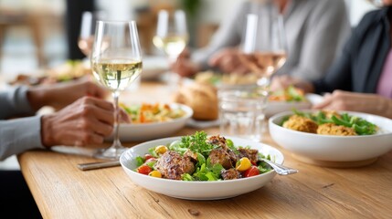 A vibrant dining scene featuring people enjoying healthy salads and glasses of white wine around a wooden table.