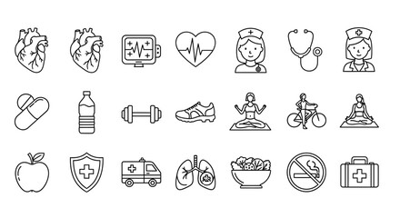 Fototapeta premium Collection of health and wellness icons featuring heart, monitor, nurse, stethoscope, pills, water, dumbbell, shoe, yoga, bicycle, apple, shield, ambulance, lungs, salad, no smoking, and first aid kit