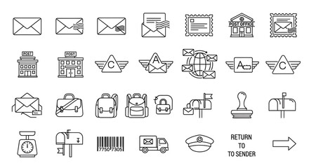 Set of Mail and Shipping Icons Envelopes, Mailboxes, Postal Workers, Trucks, Packages, and More