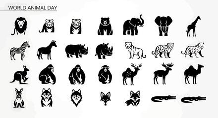 A diverse collection of animal silhouettes, , showcases a variety of wildlife, from majestic lions and playful bears to towering elephants and graceful giraffes, perfect for naturethemed designs