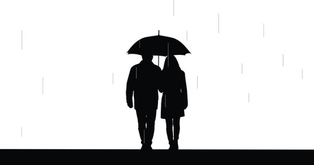 Silhouette of couple walking under umbrella in rain, romantic scene with love, protection, togetherness, weather, relationship, affection, support, and intimacy