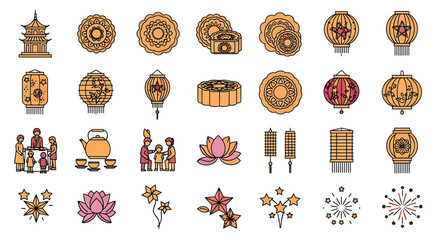 Midautumn festival illustration set featuring traditional elements collection of linear symbols representing mooncakes, lanterns, pagodas, and family gatherings for cultural designs