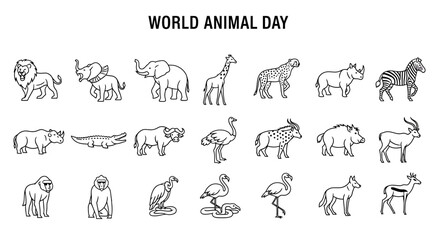 World animal day line drawing of various animals includes lion, elephant, giraffe, cheetah, rhino, zebra, crocodile, buffalo, ostrich, antelope, gorilla, vulture, flamingo, jackal, and more