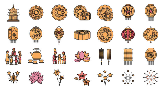 Midautumn festival illustration set featuring traditional elements collection of linear symbols representing mooncakes, lanterns, pagodas, and family gatherings for cultural designs