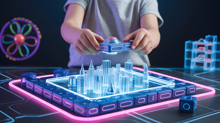 Child's hands building a futuristic glowing city with transparent blocks on a digital surface