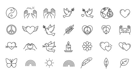 Peace and love icon set collection of peace and love related icons perfect for peace movements, love campaigns, and social justice initiatives dove, heart, rainbow, feather and more