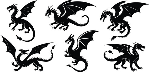Dragon silhouette, fantasy creature, mythical beast illustration, flying monster vector, medieval symbol, legendary reptile, winged dragon art, tattoo design, mythology icon