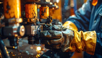 A worker in protective gloves performs maintenance on complex industrial machinery with pipes and valves.