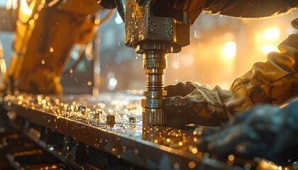 A worker operates a powerful drill press, boring a hole into a steel plate in a factory setting.
