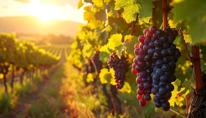 Fototapeta premium Clusters of plump, dark red grapes hang heavy against a backdrop of sun-drenched vineyards.
