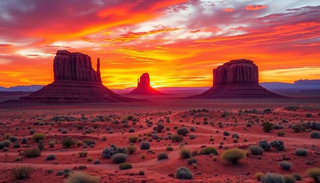 Vast, arid desert landscape with towering mesas under a vibrant sunset, image, scenic