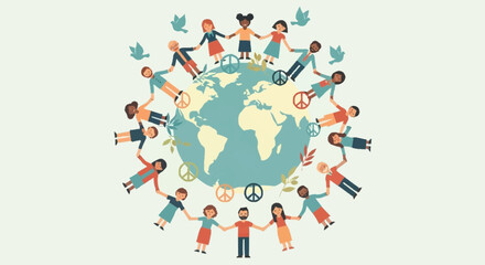 A circle of diverse children holding hands around planet Earth, symbolizing global unity, peace, and multicultural friendship