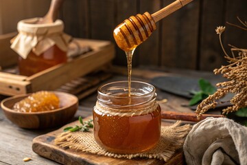 Honey dripping from a honey dipper into a jar, with honeycomb and another jar in the background.