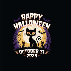 Happy Halloween Design with Black Cats, Full Moon, Bats, and Haunted Trees – October 31 2025 Illustration