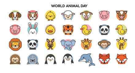 Collection of cute animal icons for world animal day these icons represent various animals, including mammals, birds, and reptiles, in a playful and colorful style