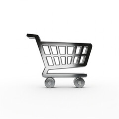 A sleek 3D metallic shopping cart icon symbolizing online retail and e-commerce transactions on a white background