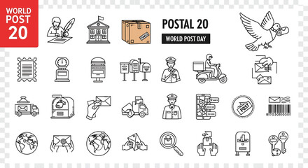 A collection of postal service icons for world post day, featuring a postman, a post office, a package, a dove carrying a letter, a stamp, a mailbox, a delivery truck, and other related symbols