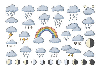 Obraz premium Collection of weather icons featuring clouds rain snow lightning and moon phases