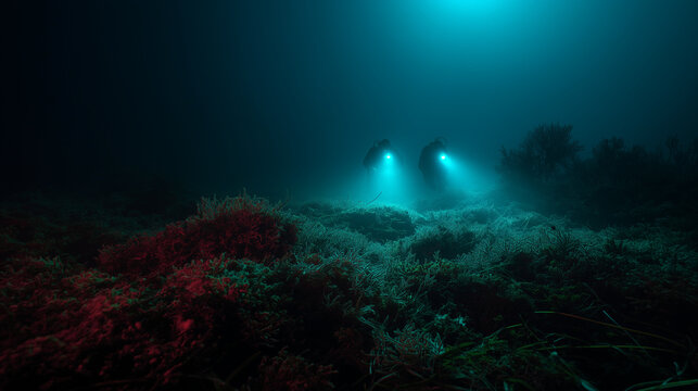 Researchers Monitoring Coral Restoration Site at Night.