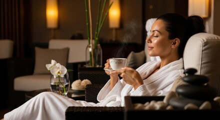 Serene woman in a white bathrobe enjoying a hot drink in a luxurious spa lounge for ultimate relaxation.
