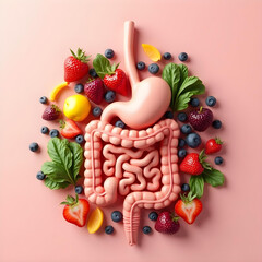Digestive system surrounded by gut-friendly foods, emphasizing intestinal health and leaky gut prevention, vibrant colors, 3D design, pink background