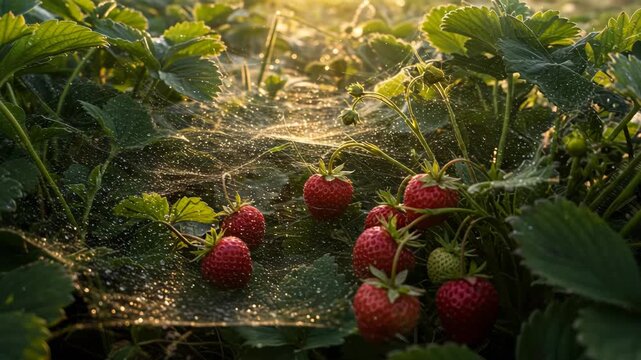 Sunlit ripe strawberries growing in lush green garden with dew drops