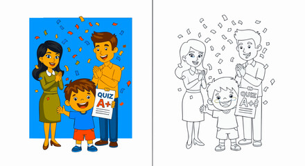 Proud parents celebrating their son's academic achievement. A happy family applauds the boy's A+ grade on a school quiz under falling confetti