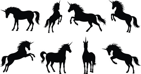 Unicorn silhouette collection, magical horse fantasy design, mythical animal vector illustration, majestic unicorn art, fairytale creature graphic isolated shapes © UMME