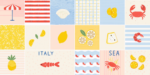 Collection of summer beach and italian themed illustrations with fruits and seafood