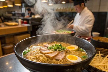 A steaming bowl of delicious ramen noodles with sliced pork, a soft-boiled egg, and green onions, prepared by a chef in a restaurant kitchen.