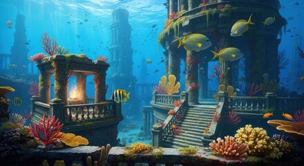 Obraz premium Ancient underwater city with marine life and coral reefs