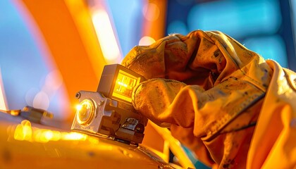 An engineer in a protective glove carefully inspects a small, glowing high-tech component.