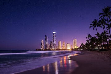 Obraz premium City Lights Reflected on a Tropical Beach at Night