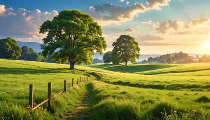 Fototapeta premium A sun-drenched countryside scene unfolds, showcasing rolling hills, lush green fields, and a pathway bordered by a fence, leading the eye towards a magnificent tree under a vibrant sky.