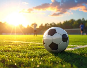 A soccer ball rests on the vibrant green grass of a field, bathed in the warm glow of a golden sunset.