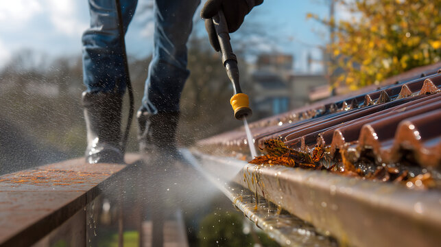 Worker pressure washing clogged gutter with water spray, home exterior cleaning
