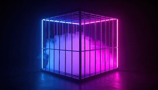 Neon Lattice Cube Cage with Fog and Glow