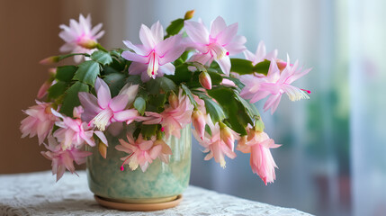 Thanksgiving cactus houseplant in bloom with pink flowers, seasonal holiday decor
