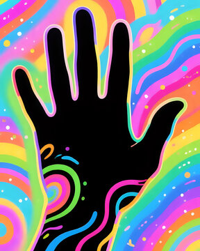 illustration vectorielle d'une paume de main humaine noire et de ses cinq doigts devant un fond ayant une multitude de couleurs