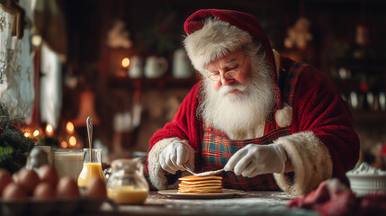Santa Claus making Christmas pancakes in kitchen, festive holiday breakfast
