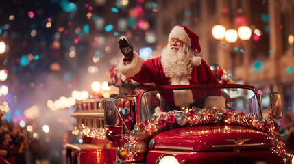 Santa riding fire truck with Christmas lights and decorations, holiday parade scene
