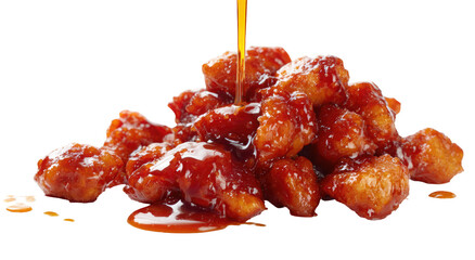 Spicy chicken, piled high with sweet sauce drizzling down