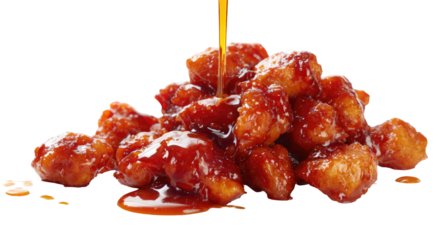 Spicy chicken, piled high with sweet sauce drizzling down